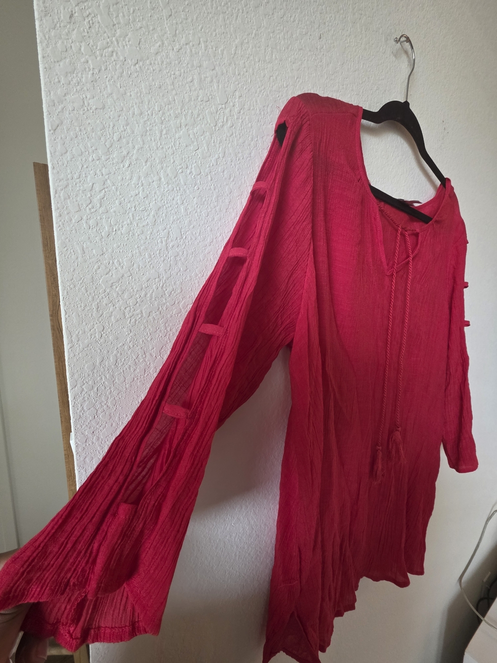 Avenue Bright Red Tunic with Tassel Detail Cutout Sleeves - Picture 3 of 7